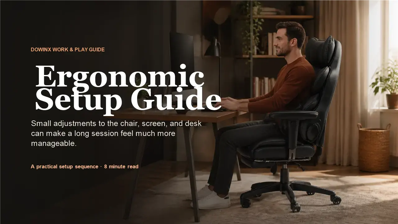 Ergonomic Setup Guide cover with a person working in a black Dowinx Executive Office Series 66B1 chair