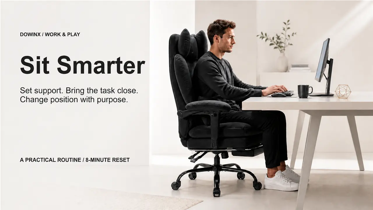 Sit Smarter cover with a black Dowinx QL-66B6 chair in a white minimalist workspace
