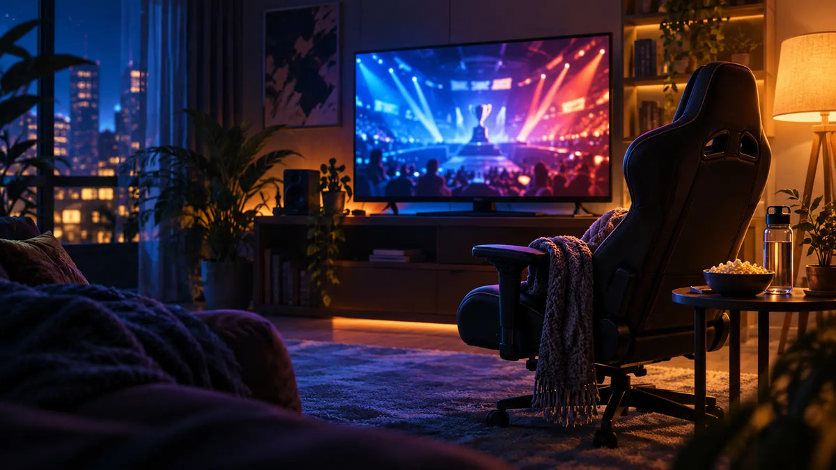 Cozy nighttime esports watch room with a black gaming chair, snacks, water, and arena-style screen lighting