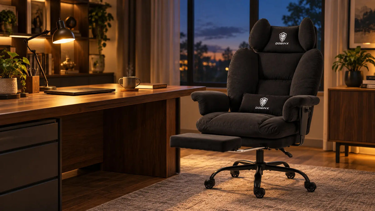 Dowinx QL-66B6 plush executive chair with footrest in a warm evening home office