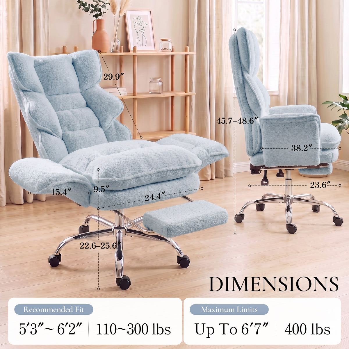 Dowinx CozyNest office chair dimensions, seat width, backrest height and recommended fit