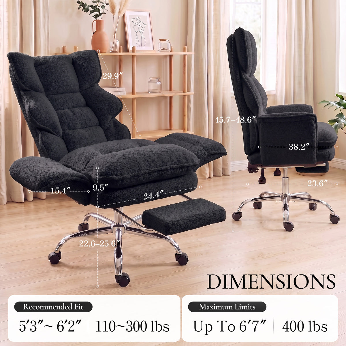 Dowinx CozyNest office chair dimensions, seat width, backrest height and recommended fit