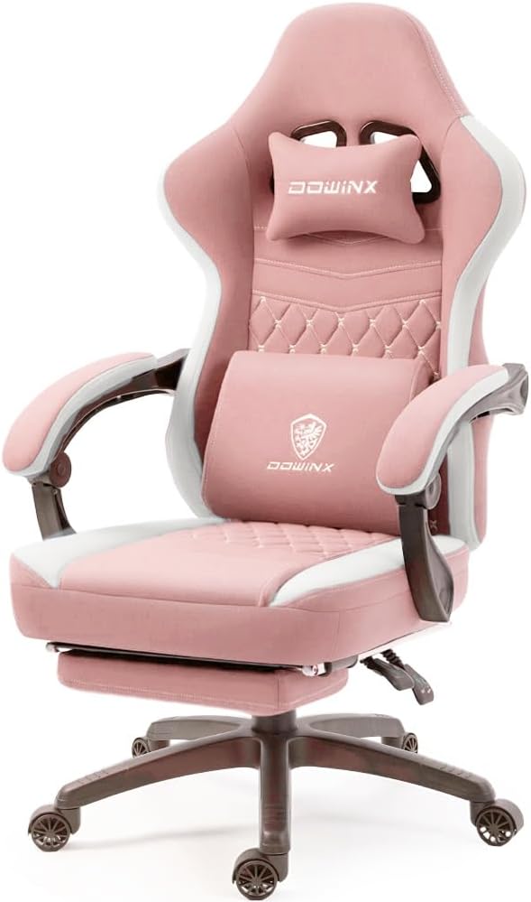 Dowinx Gaming Chair Breathable fabric, pocket spring cushion, gel pad, storage bag, massage feature, and footrest for ultimate comfort (Pink)