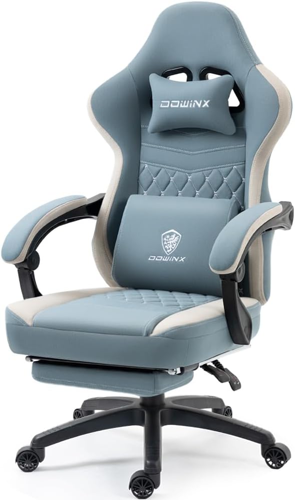 Dowinx Gaming Chair Breathable fabric, pocket spring cushion, gel pad, storage bag, massage feature, and footrest for ultimate comfort. (Blue)
