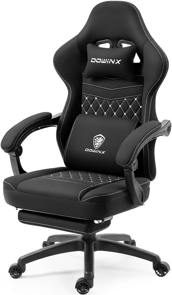 Dowinx Gaming Chair Breathable fabric, pocket spring cushion, gel pad, storage bag, massage feature, and footrest for ultimate comfort. (Black)