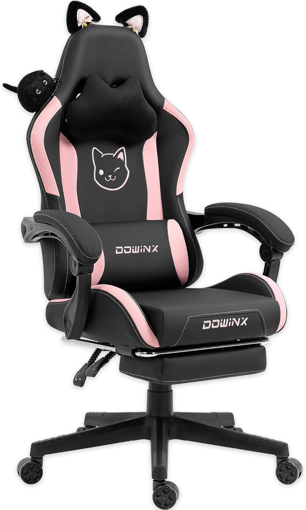 Dowinx Gaming Chair Cute With Cat Ears And Massage Lumbar Support Black ...