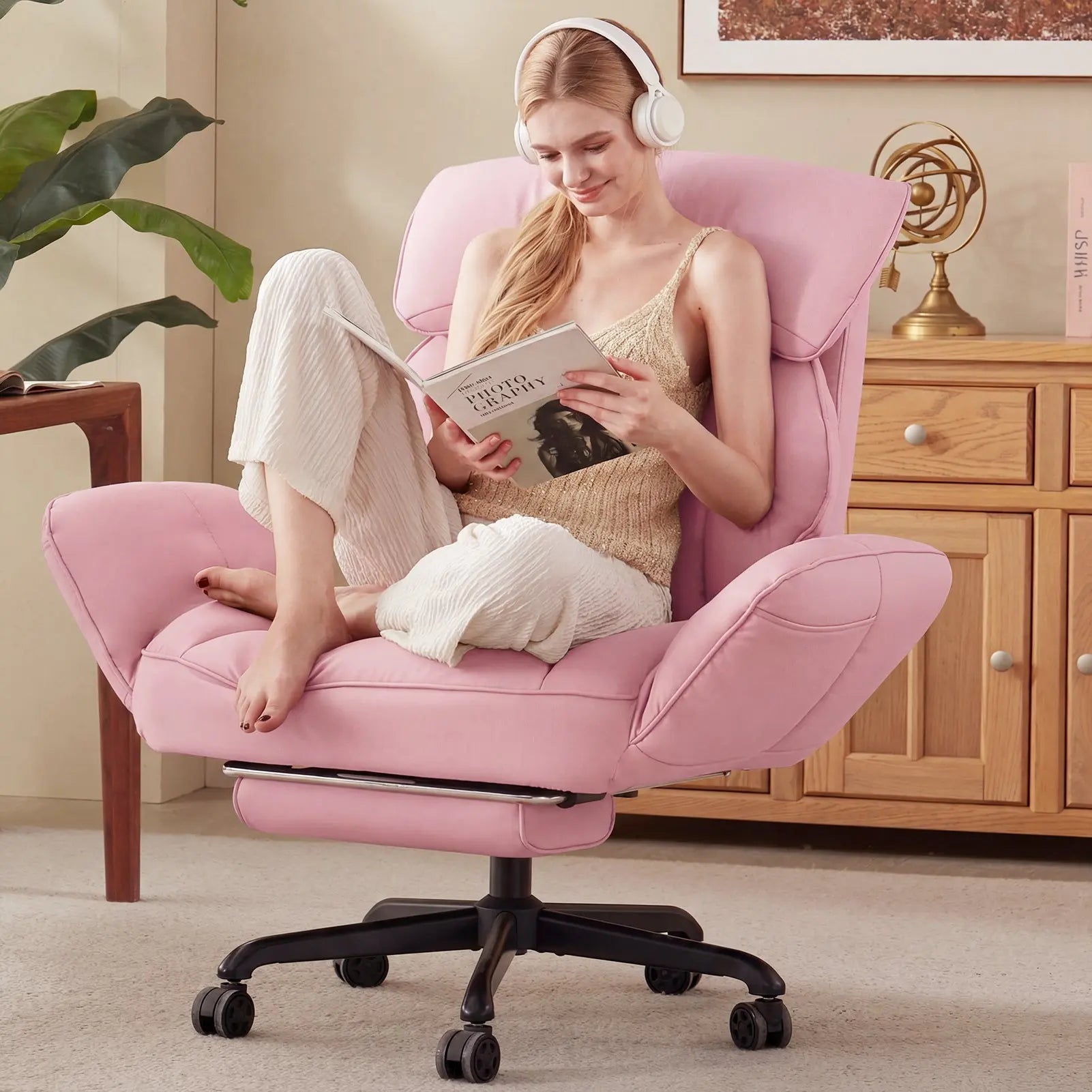 Ergonomic Reclining Office Chair with Footrest – Cream