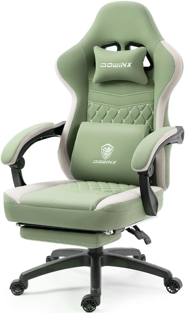 Dowinx Gaming Chair Breathable fabric, pocket spring cushion, gel pad, storage bag, massage feature, and footrest for ultimate comfort. (Green)