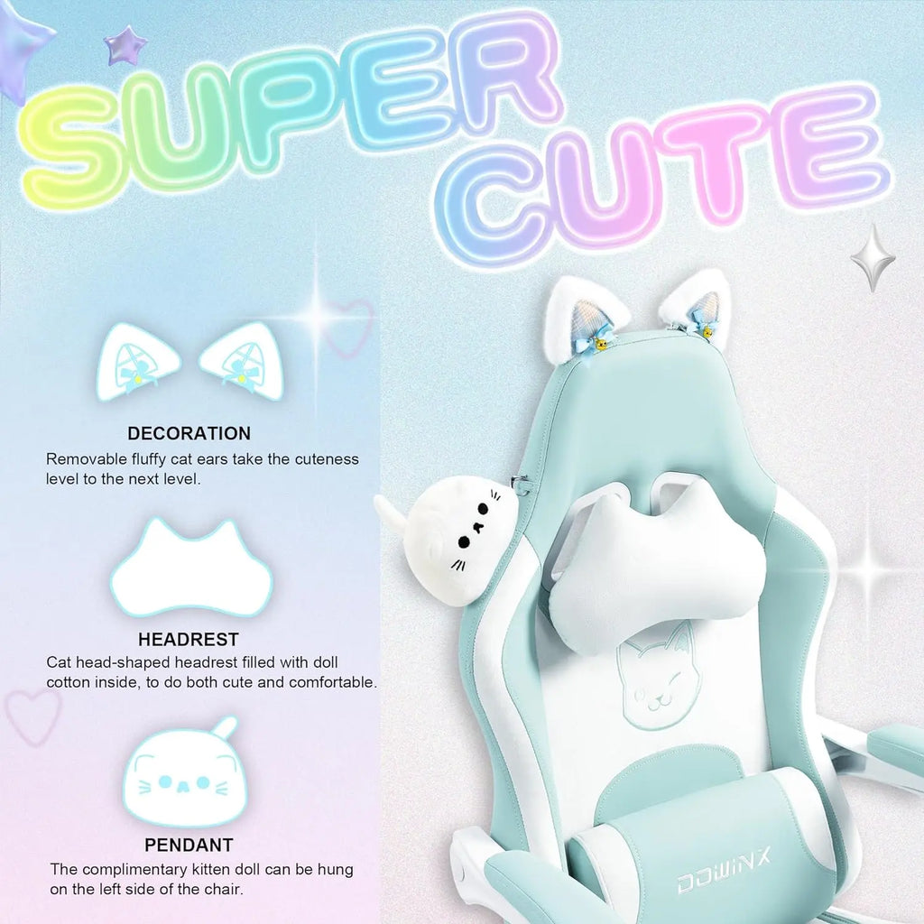 Dowinx Gaming Chair Cute with Cat Ears and Massage Lumbar Support Blue ...