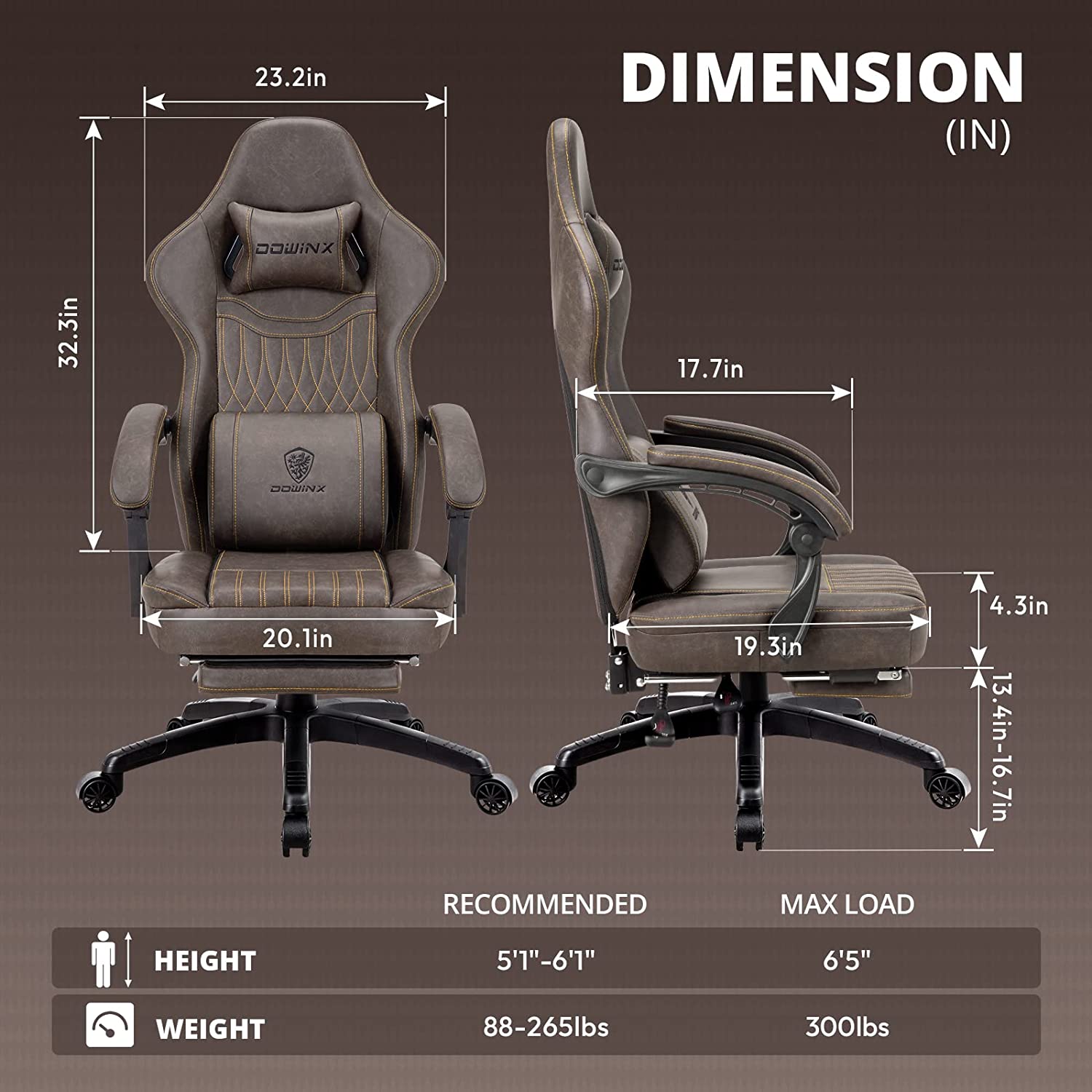 Dowinx Gaming Chair Breathable PU Leather Adjustable Swivel Task Chair with Footrest(Brown)