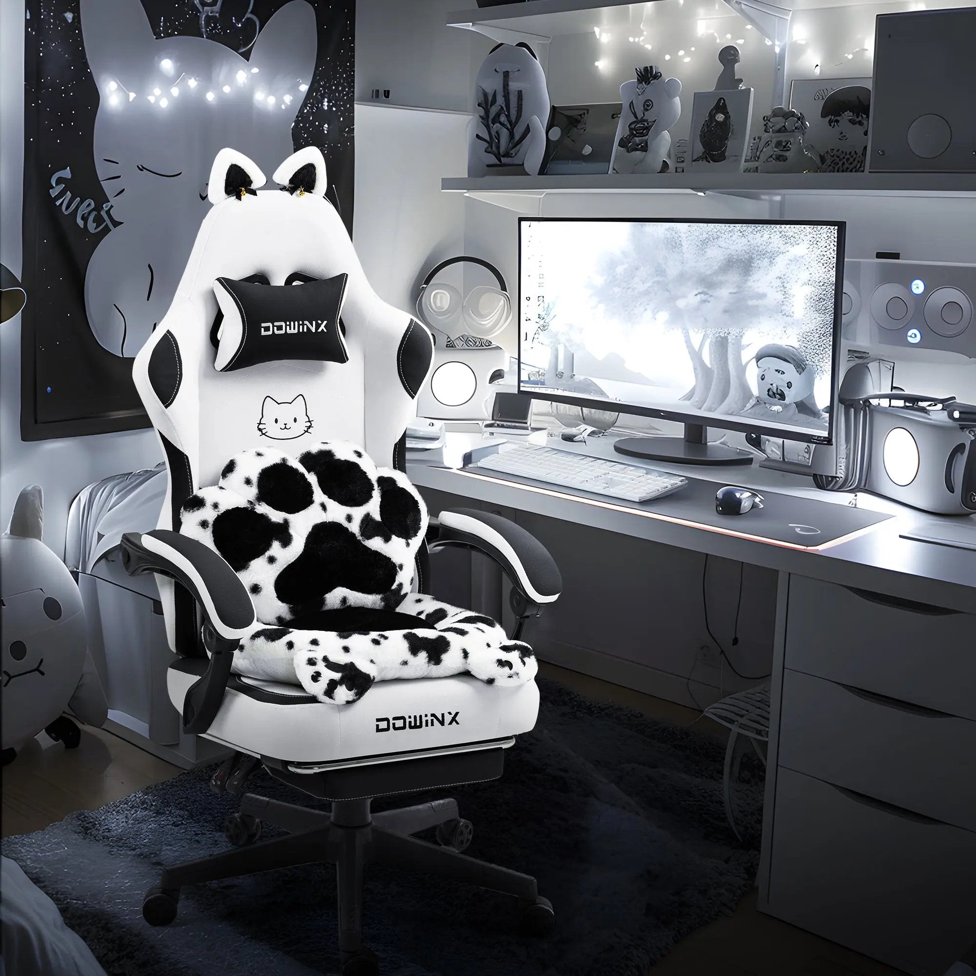 Dowinx Gaming Chair Cute with Cat Ears and Massage Lumbar for Girl ...