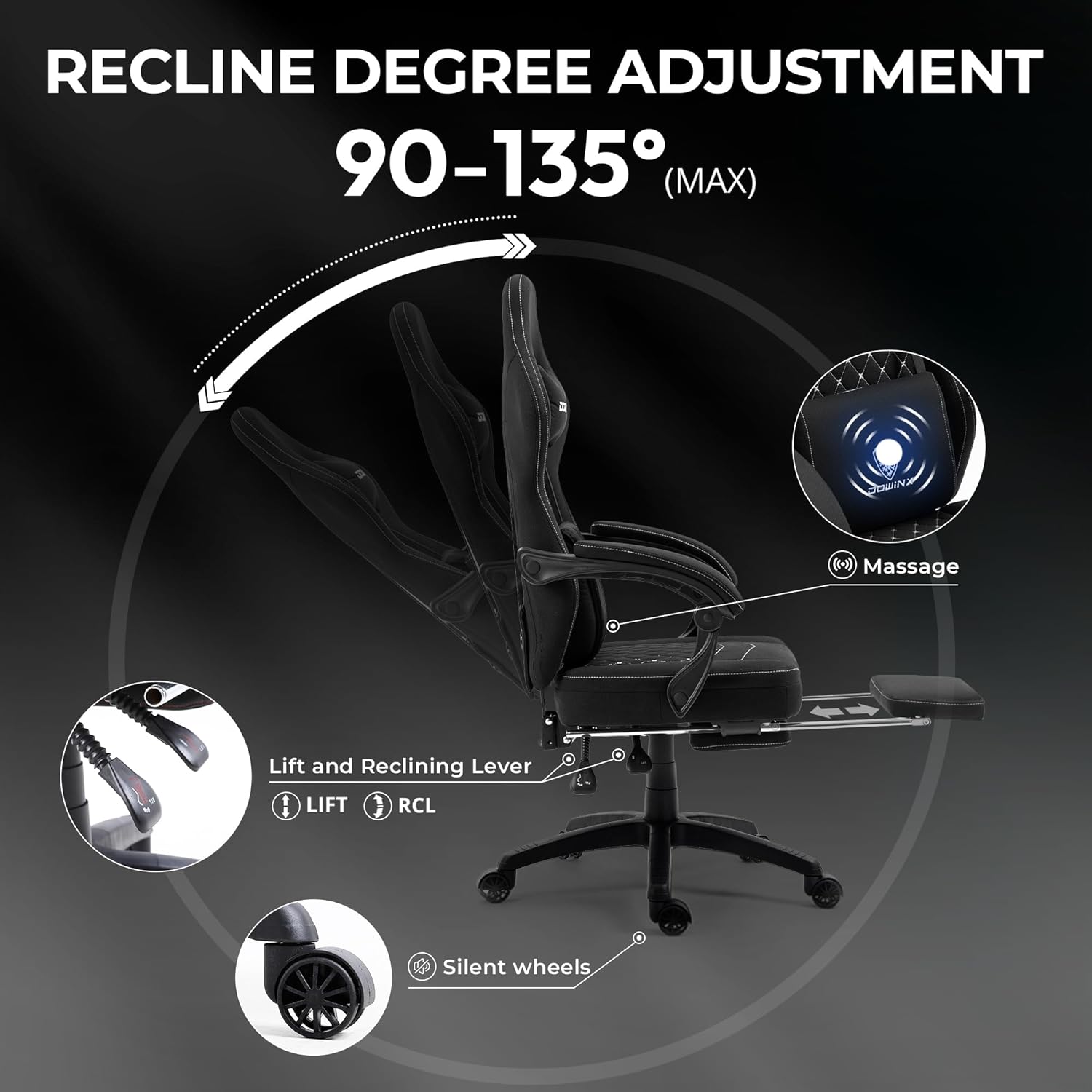 Dowinx Gaming Chair Breathable fabric, pocket spring cushion, gel pad, storage bag, massage feature, and footrest for ultimate comfort. (Black)