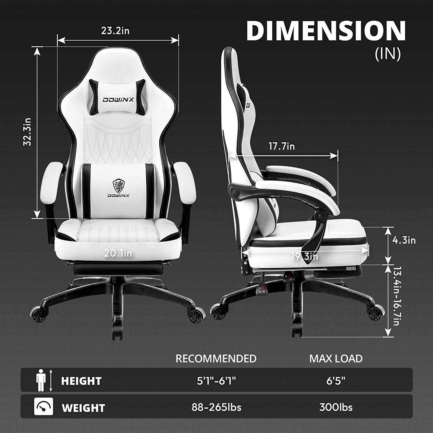 Dowinx Gaming Chair Breathable PU Leather Adjustable Swivel Task Chair with Footrest(Black&White)