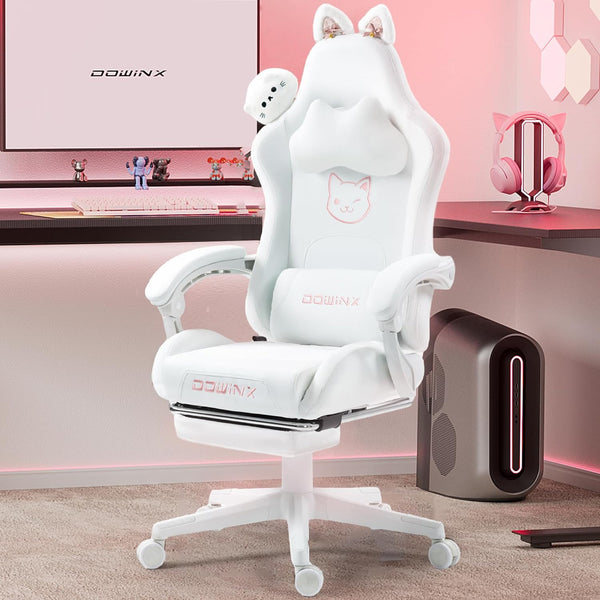 Dowinx Gaming Chair Cute with Cat Ears and Massage Lumbar Support White ...