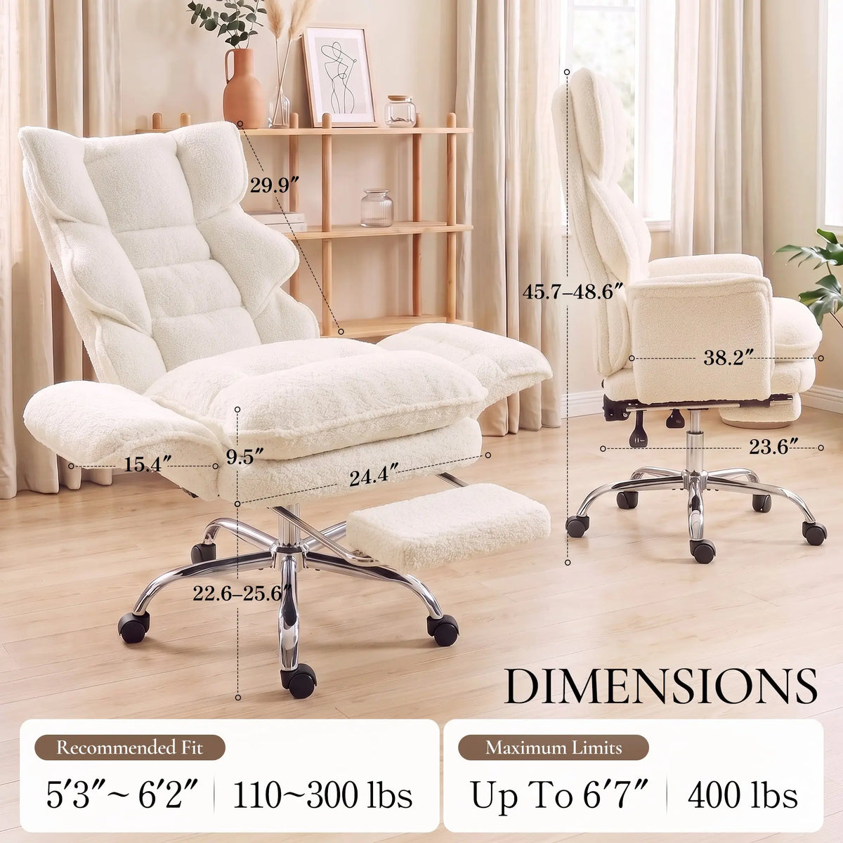 Dowinx CozyNest office chair dimensions, seat width, backrest height and recommended fit