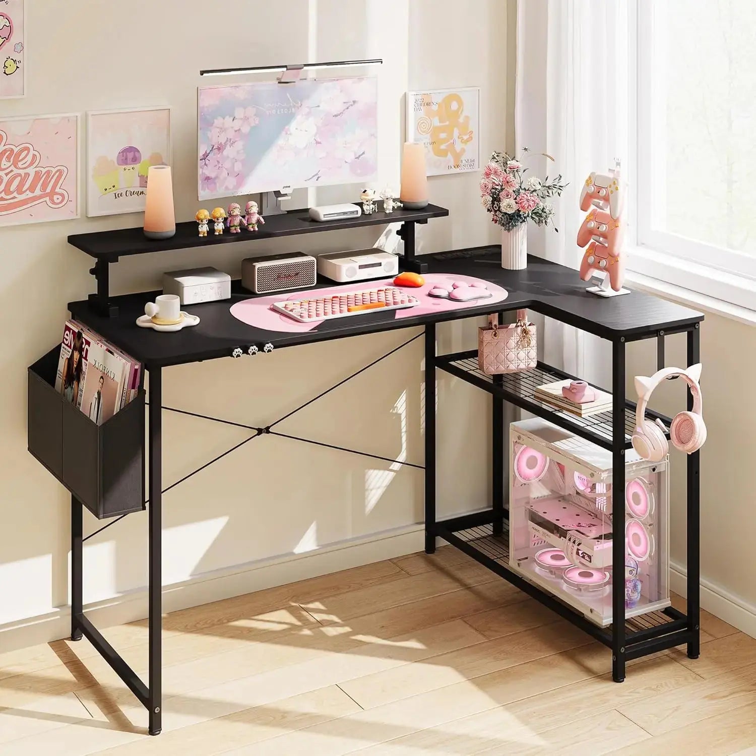 L-Shaped Gaming Desk Cute SERIES 43-Inch, Black&Pink
