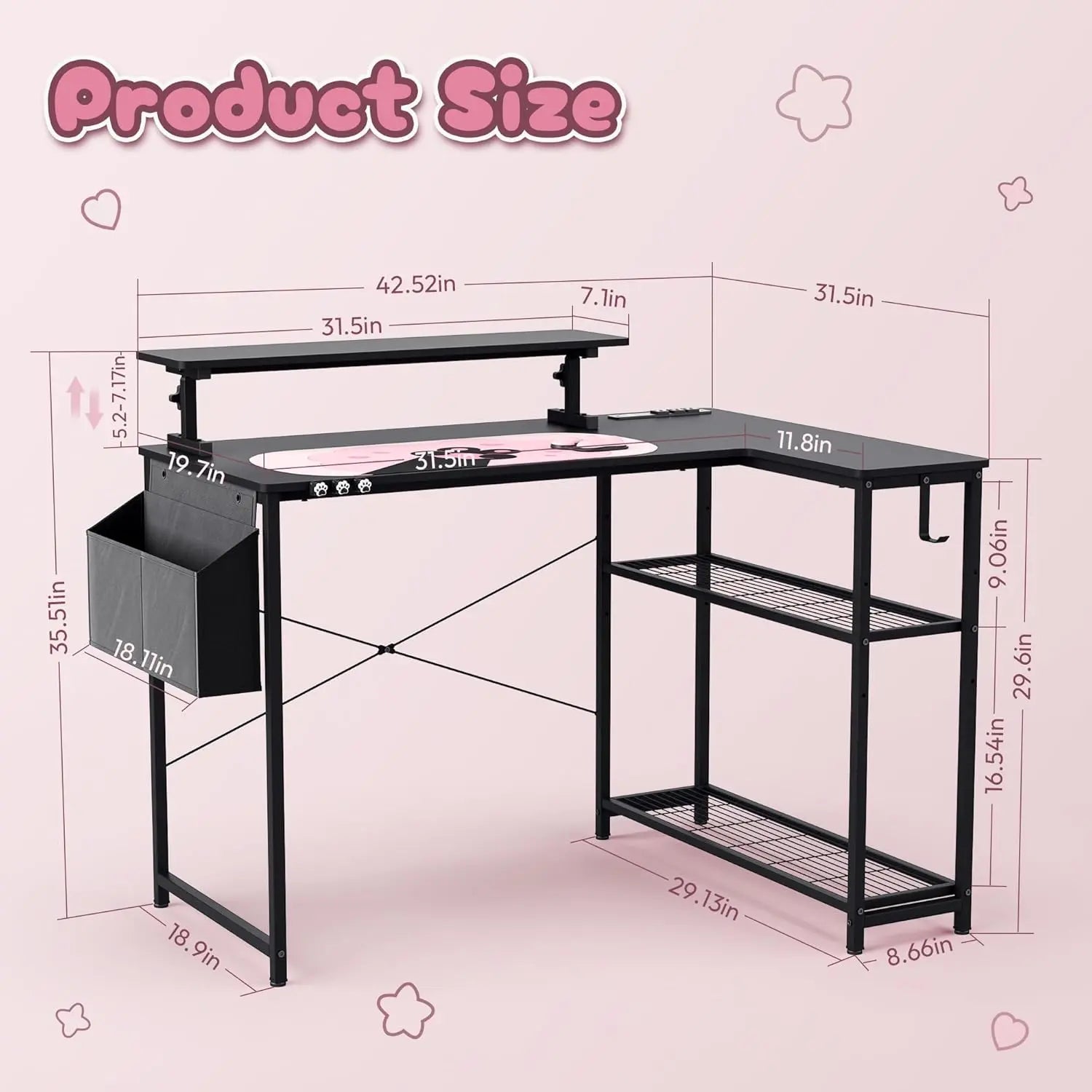 L-Shaped Gaming Desk Cute SERIES 43-Inch, Black&Pink