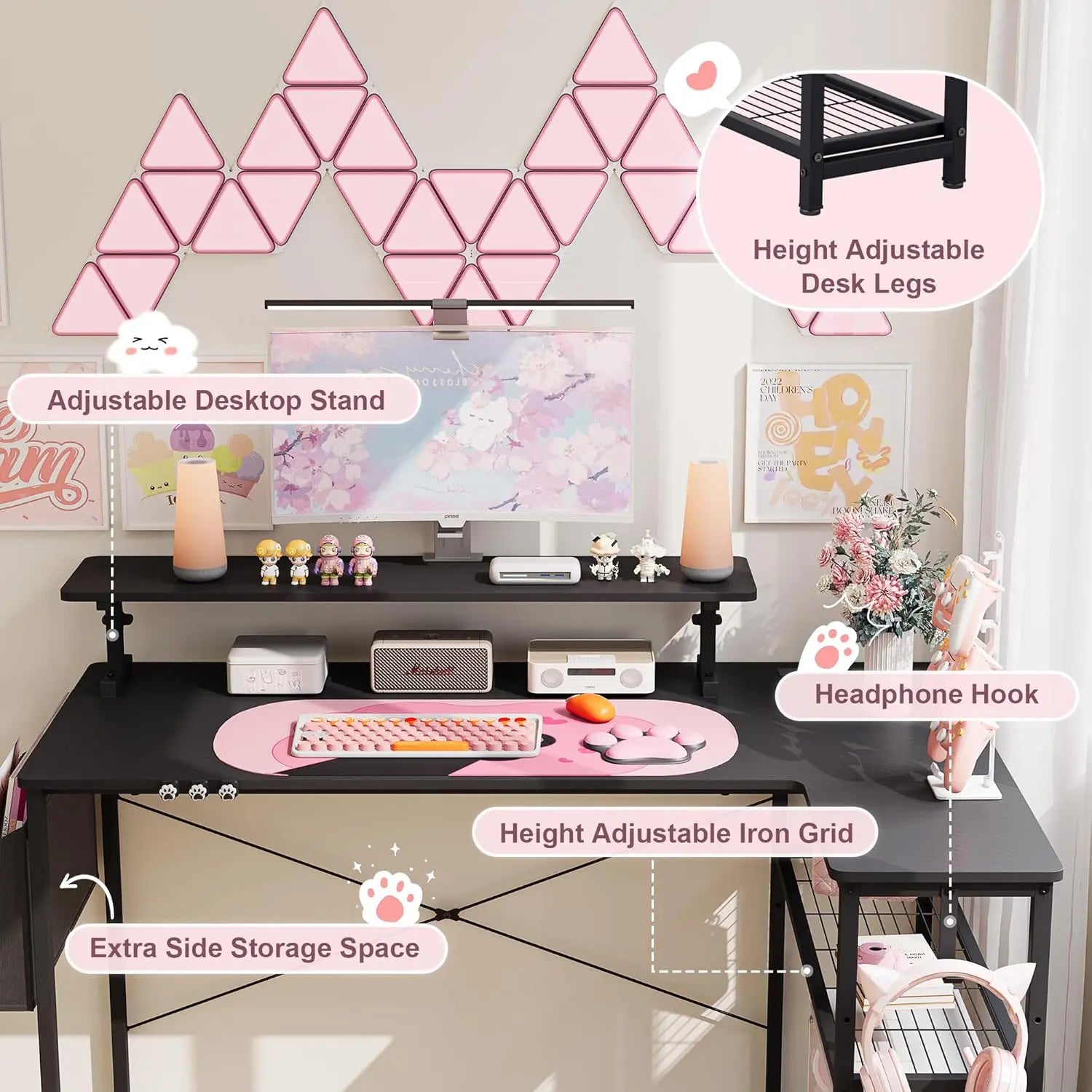 L-Shaped Gaming Desk Cute SERIES 43-Inch, Black&Pink