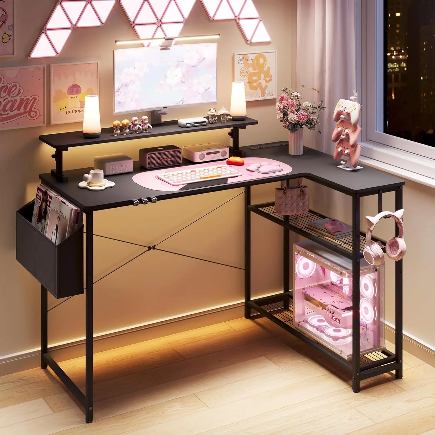 L-Shaped Gaming Desk Cute SERIES 43-Inch, Black&Pink