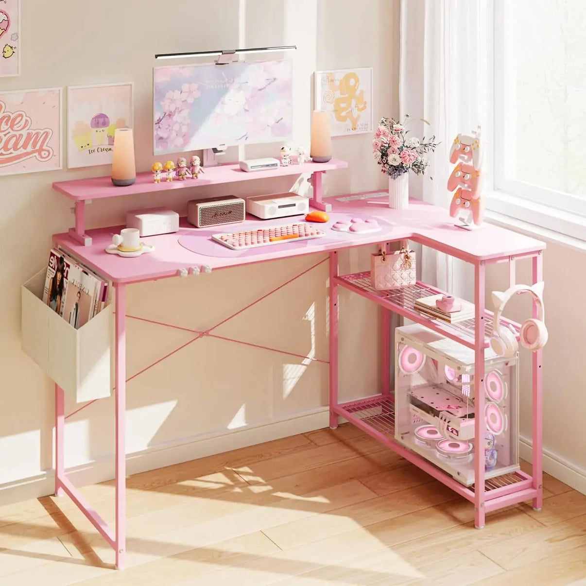 Dowinx 43'' L-Shaped Gaming Desk – Pink, Cute Cat Accessories