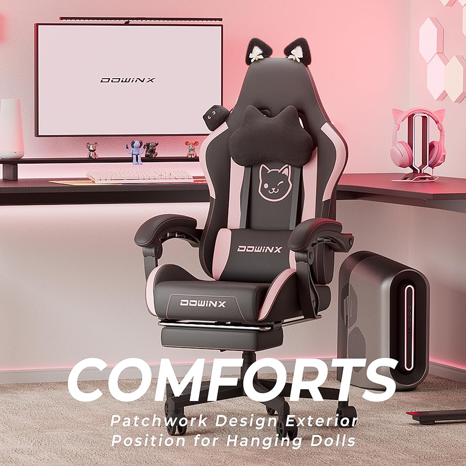 Dowinx Gaming Chair Cute with Cat Ears and Massage Lumbar Support Pink