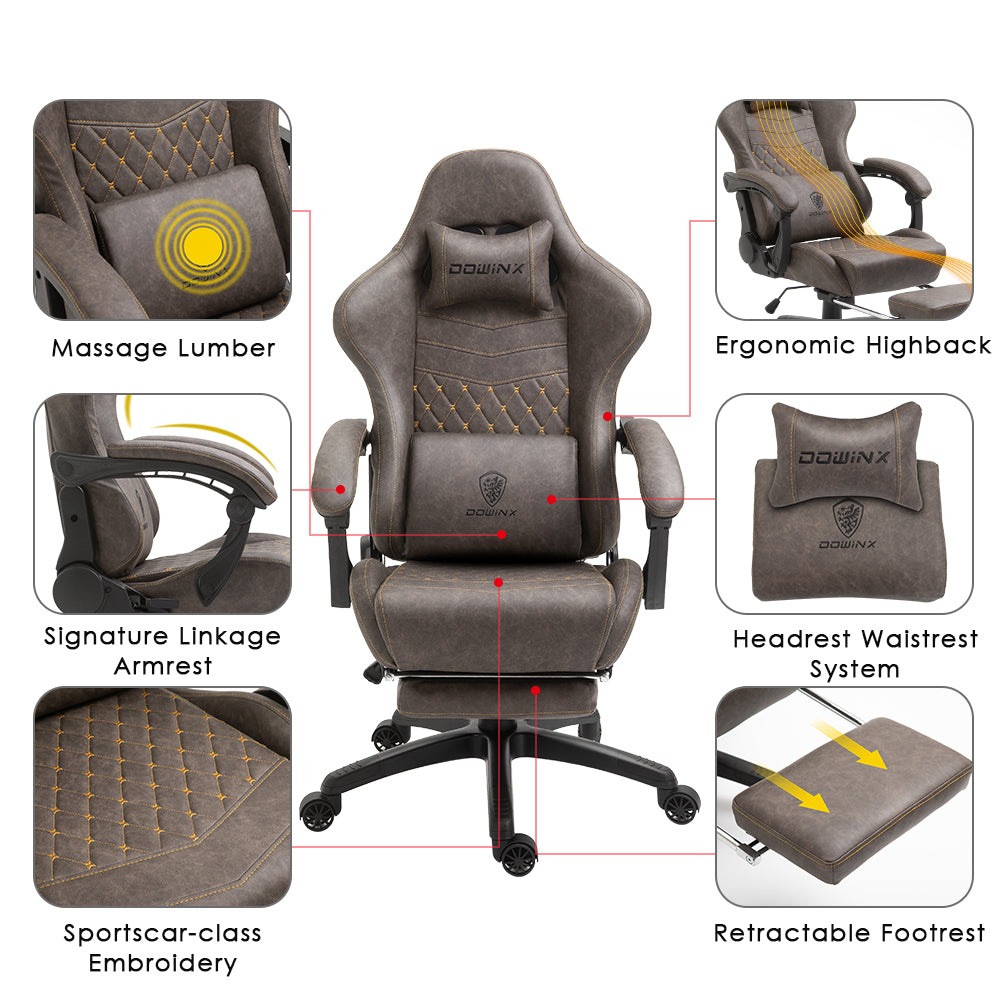 Dowinx Gaming Chair Office Chair PC Chair with Massage Lumbar Support,  Vintage Style PU Leather High Back Adjustable Swivel Task Chair with  Footrest