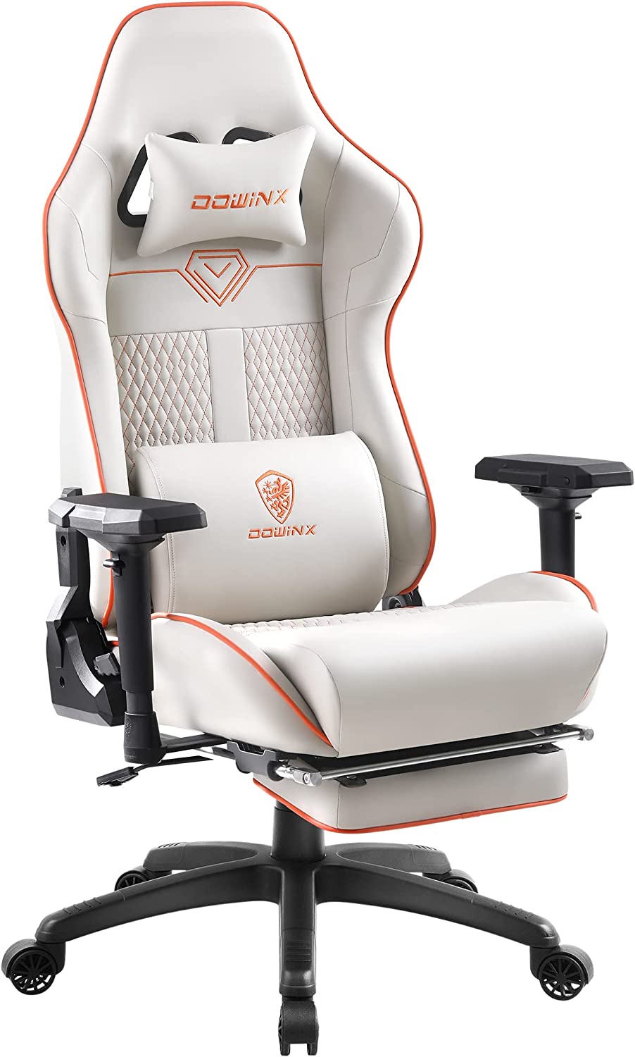 Dowinx Gaming Chair Breathable Quilted PU Leather Gamer Chair with Customized 4D Armrests, Ergonomic Game Chair with Massage (White)