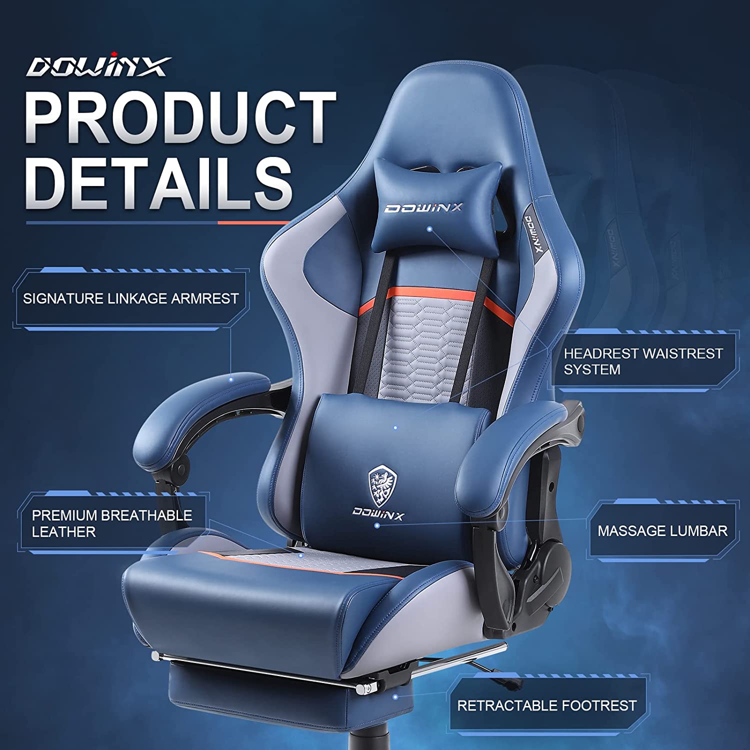 Dowinx Gaming Chair Office Chair PC Chair with Massage Lumbar Support, Racing Style PU Leather High Back Adjustable Swivel Task Chair with Footrest